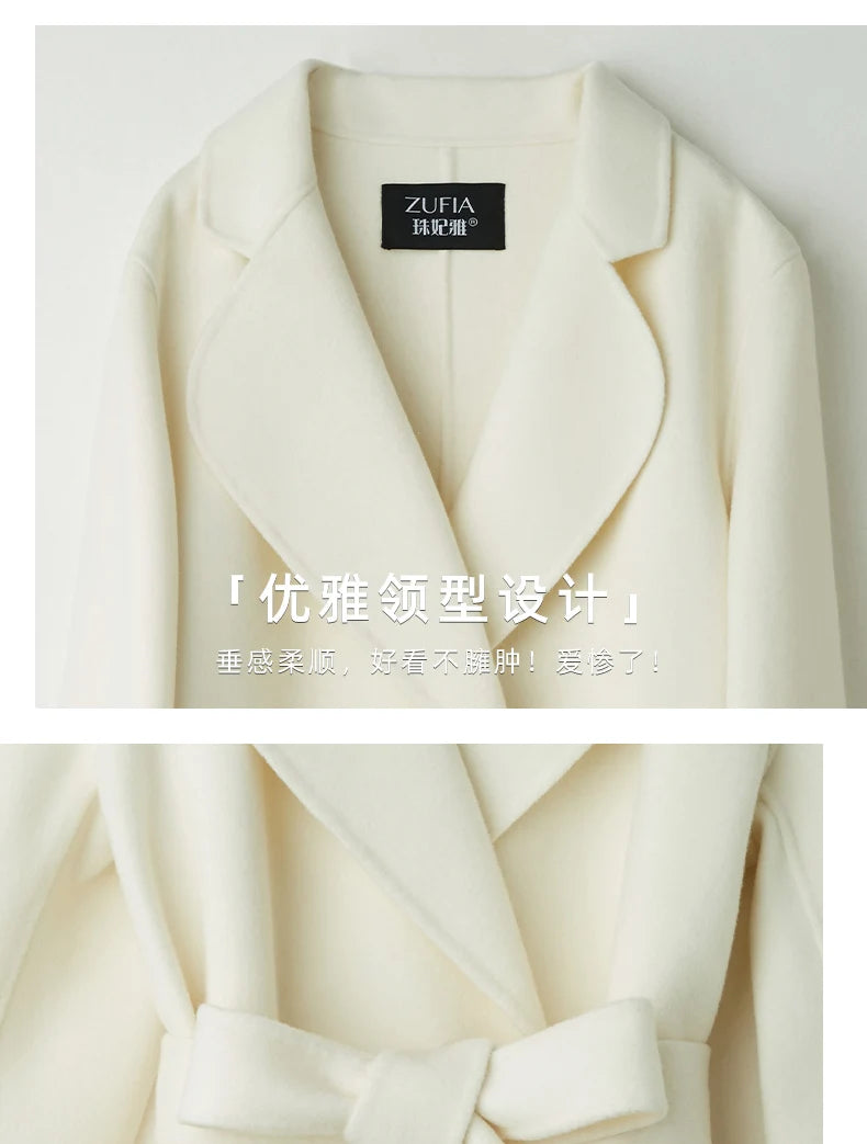White Belt Double-sided Cashmere Coat Women's 2024 New Fashion Temperament Winter Slim Wool Coat Solid Female Long Windbreaker