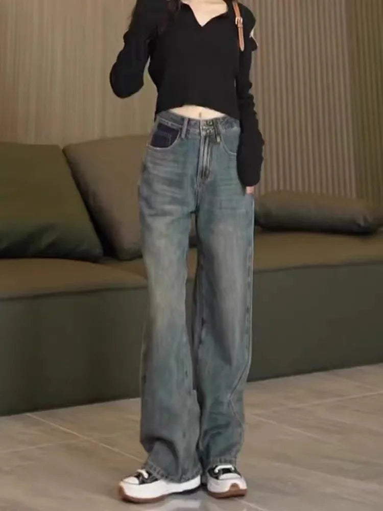 Spring Autumn Korean Fashion Streetwear High Waist Wide Leg Trousers Blue Straight Clothing Female Women's Pants y2k Baggy Jeans