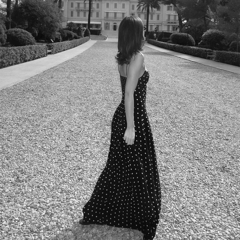 Dot Print Long Slip Dress Women Spring Summer V-neck Sleeveless Backless A-line Dresses Female Party Vintage Robes Lady Holiday