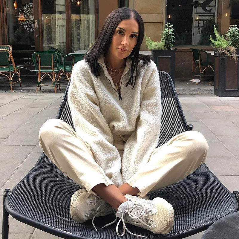 Women's Half Zipper Lamb Fleece Long Sleeved Sweatshirt 2025 Spring New Streetwear Warm Pullover Hoodies Ropa Para Mujer