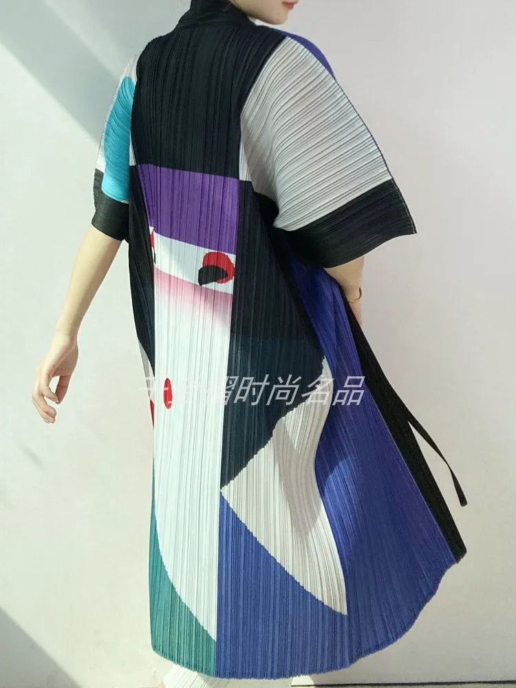 Women Printed Trench Miyake Pleated Fashion Printed Loose Plus Size Japan Style Belt Female Long Coats Tide