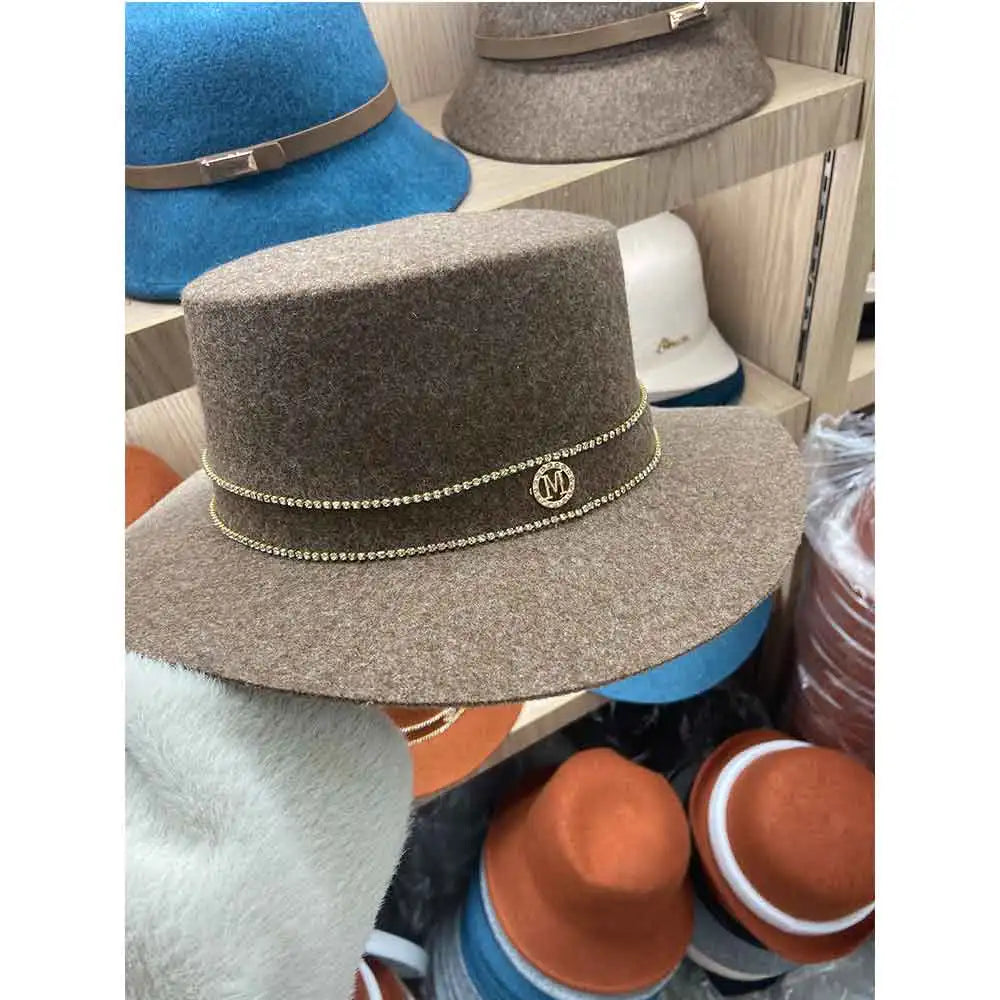 Autumn and Winter 100% Wool Hat Bell Hat Women's French Elegant Retro Hepburn Round Top Big brim Hat