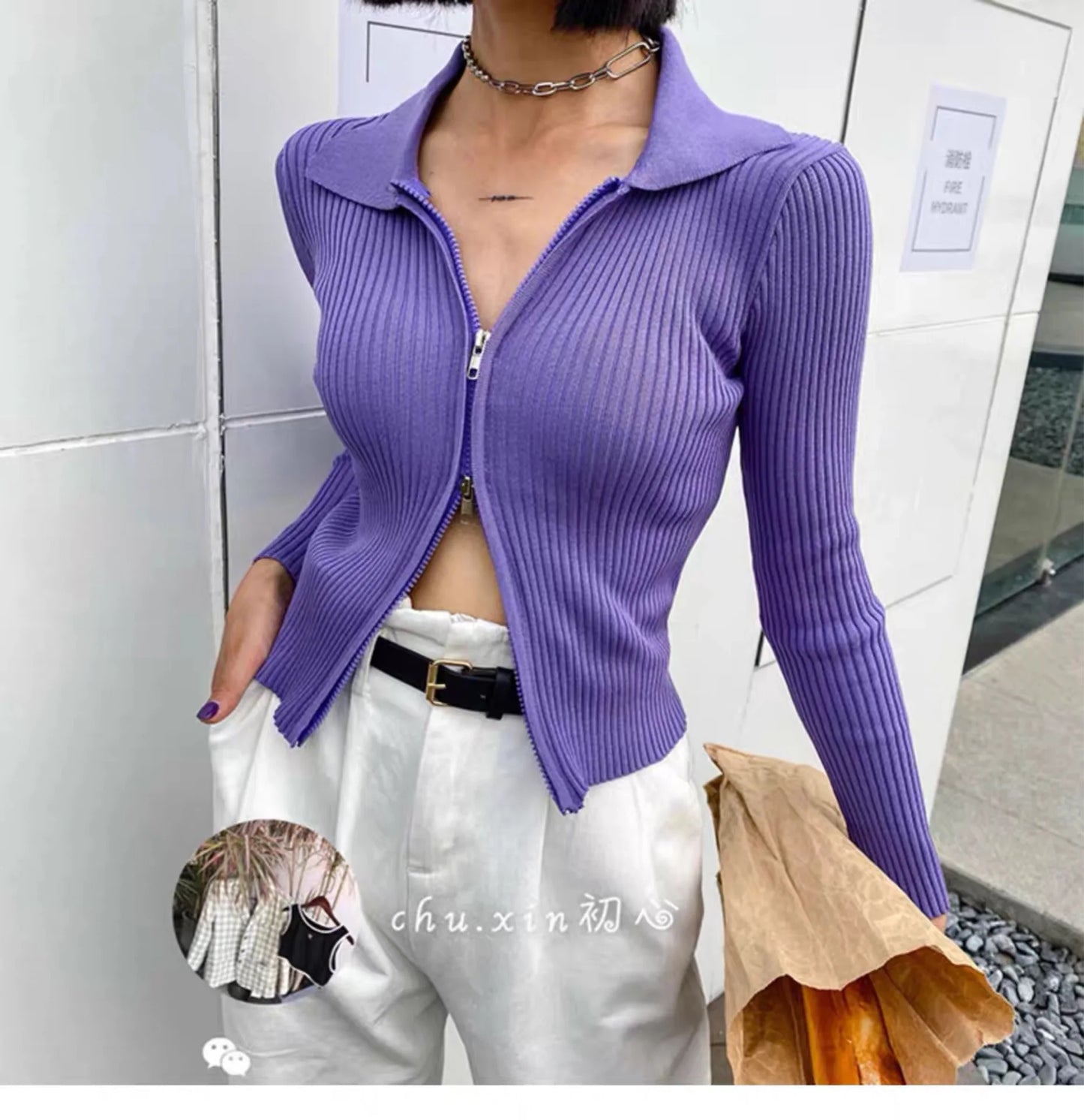 Elegant Korean Knitted Sweater Sexy Lapel Zipper Up Cardigan Women Vintage Harajuku Slim Coat Casual Ribbed Knit Cropped Tops