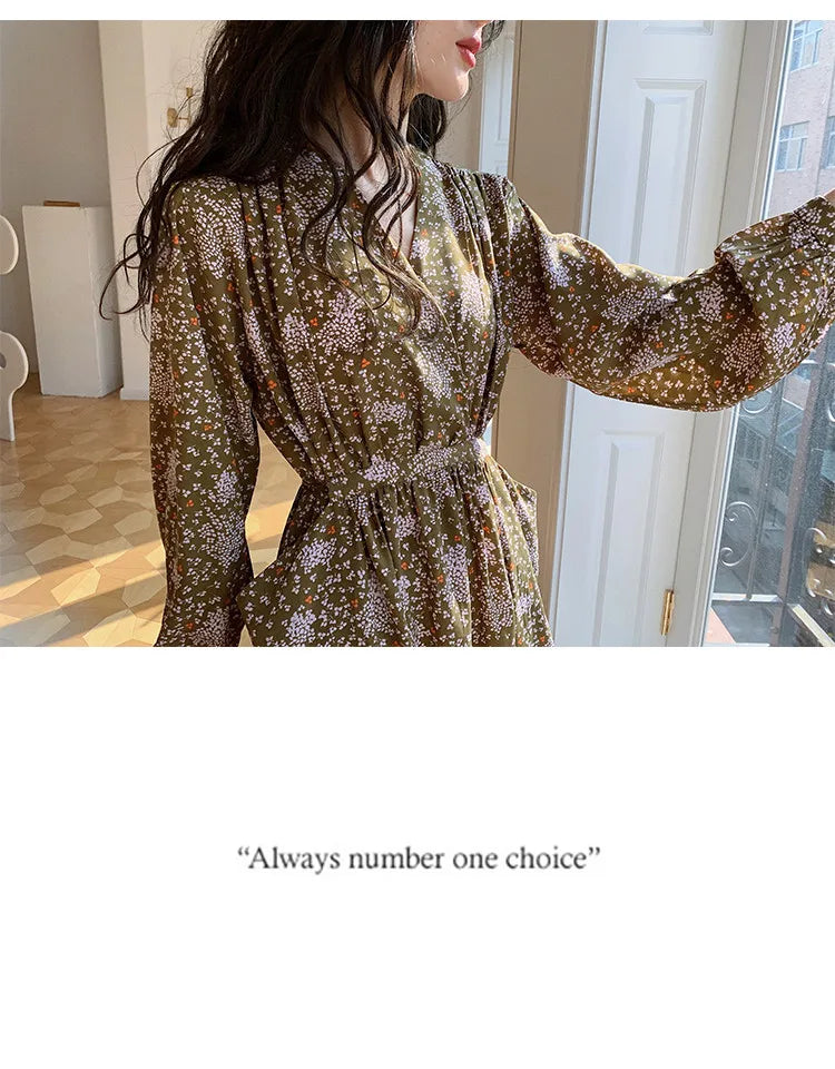 ARTKA 2023 Spring New Women Dress Elegant Loose Puff Sleeve Prints Dresses V-Neck High Waist A-Line Chiffon Long Dress A22LA055C