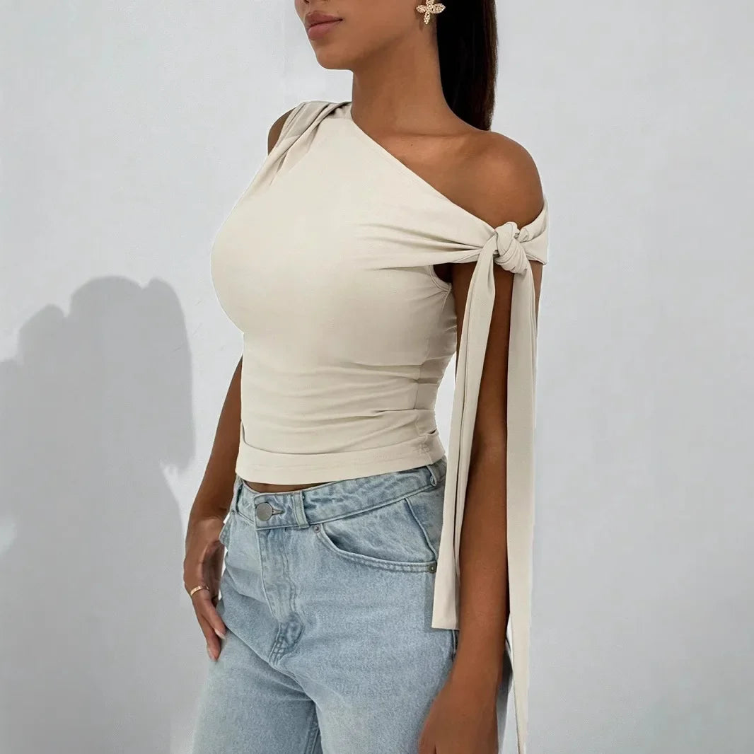 New Women's Fashionable Sleeveless Pure Color Belted Street Style Top Summer 2025 Slim Fit Cross-Border T-Shirt