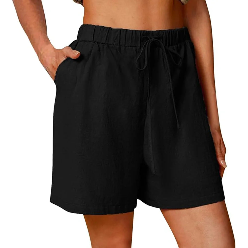 Women's Summer Casual Shorts Drawstring Solid Color Cotton Linen Short Pants Female Loose Straight Jogging Outdoor Streetwear
