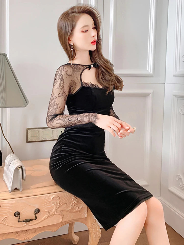 Spring Quality Elegant Sexy Dresses for Women 2023 Black Sheer Lace Hollow Cut Out Backless Midi Robe Femme Party Date Vestidos