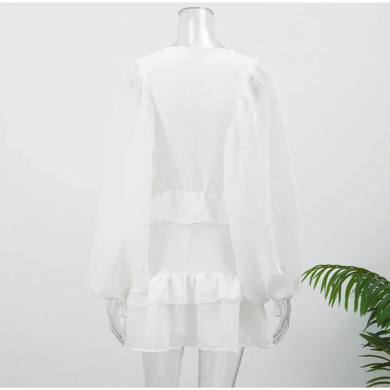 Women Single Breasted Ruffles Dress Fashion Solid Lantern Sleeve Loose Pleated Vestidos Summer Lady Vacation Party Gowns 2025