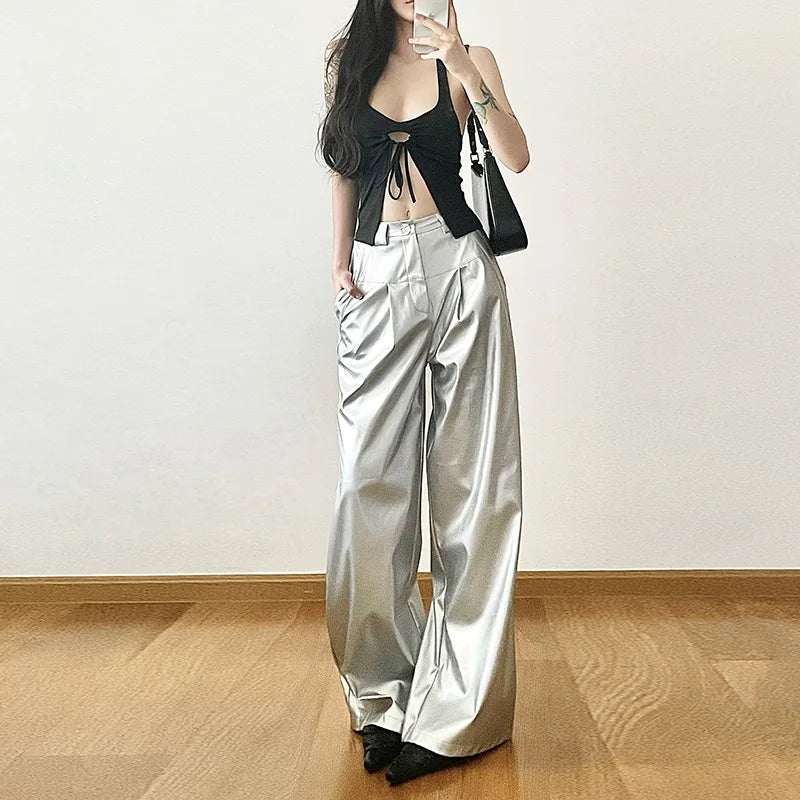 Silver Retro Matte Trendy Personalized All-match Casual High Street Cool Confident Casual Women's Autumn Wide Leg Pants