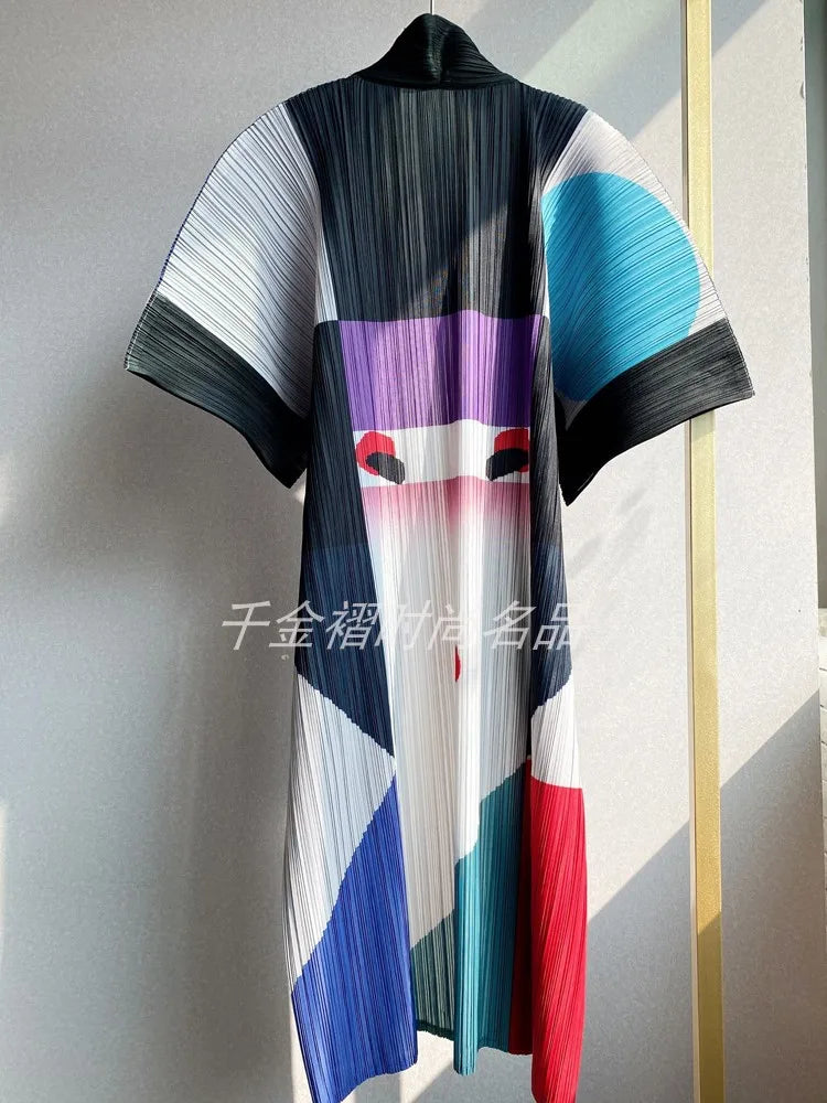 Women Printed Trench Miyake Pleated Fashion Printed Loose Plus Size Japan Style Belt Female Long Coats Tide