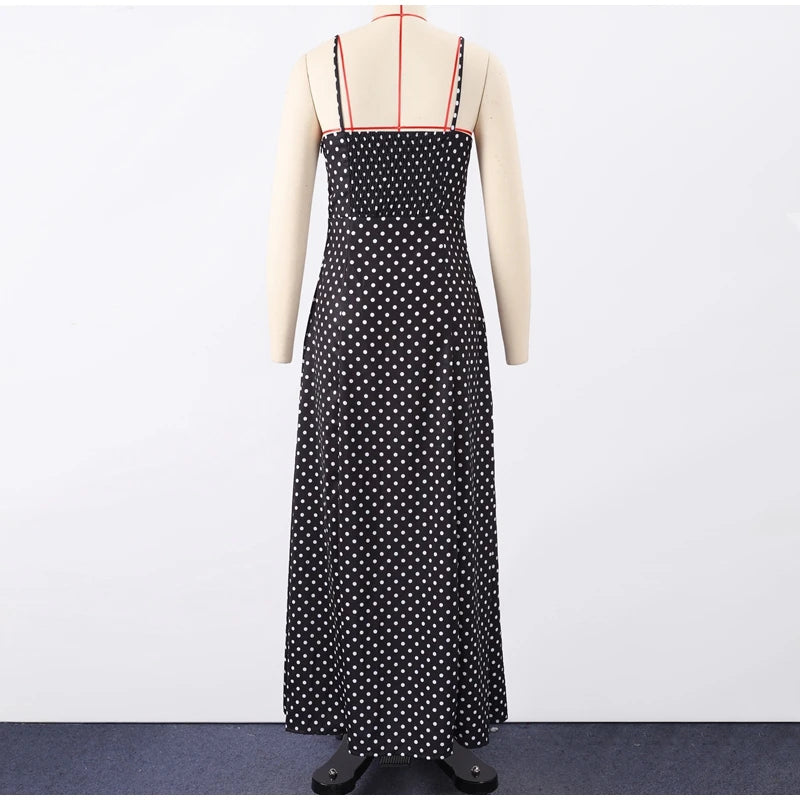 Dot Print Long Slip Dress Women Spring Summer V-neck Sleeveless Backless A-line Dresses Female Party Vintage Robes Lady Holiday