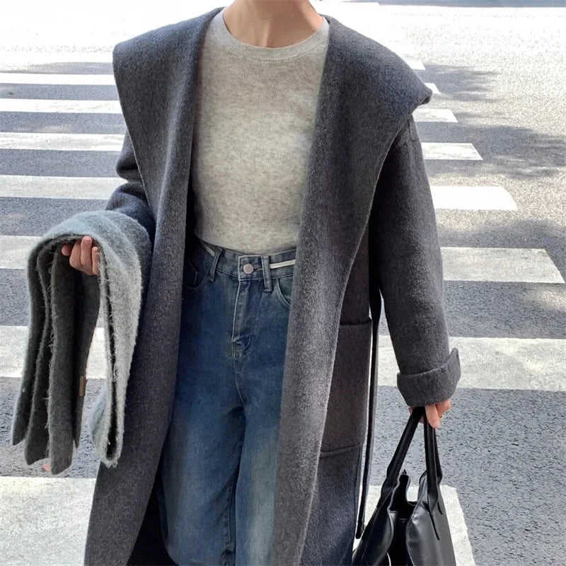 Wool Beige Pocket Belted Long Woolen Coat New Hooded Long Sleeve Women Jacket Fashion Tide Autumn Winter 2025 New