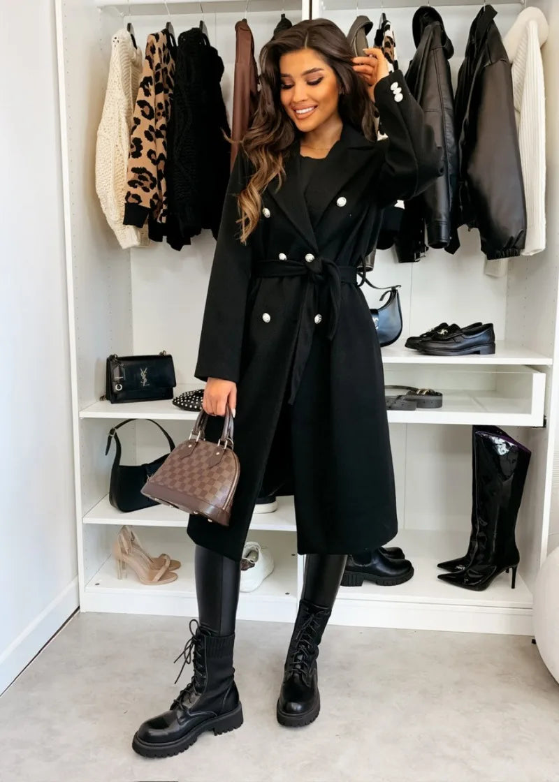 Women's Woolen Coat Autumn Winter Vintage Elegant Double Breasted Trench Coat Women Brown Long Sleeved Midi Windbreaker Jacket