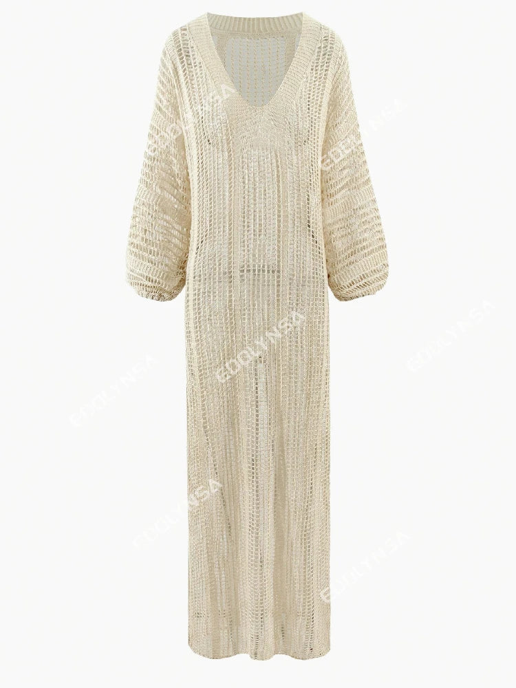 Elegant Knit Long Dress 2025 Sexy See-through V Neck Lantern Sleeve Side Split Beach Maxi Dresses Holiday Swimsuit Cover Up K15