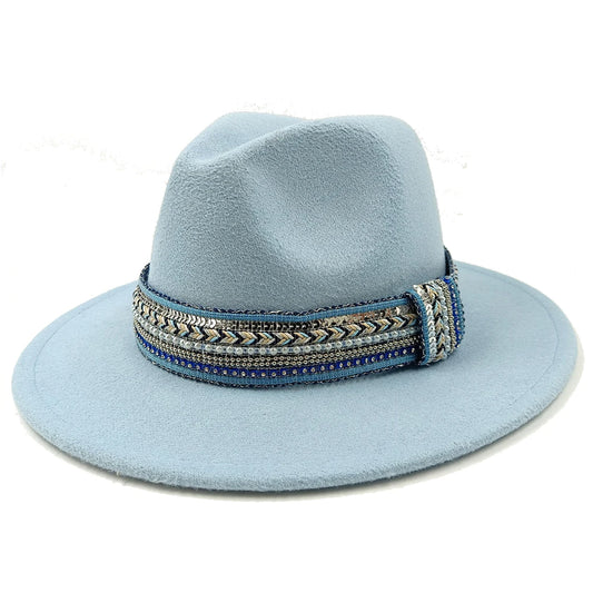 Blue Fedora Hat Pearl Rhinestone Design for Men and Women Panama Church Cap Fashionable Elegant Vintage Felt Hat fedoras