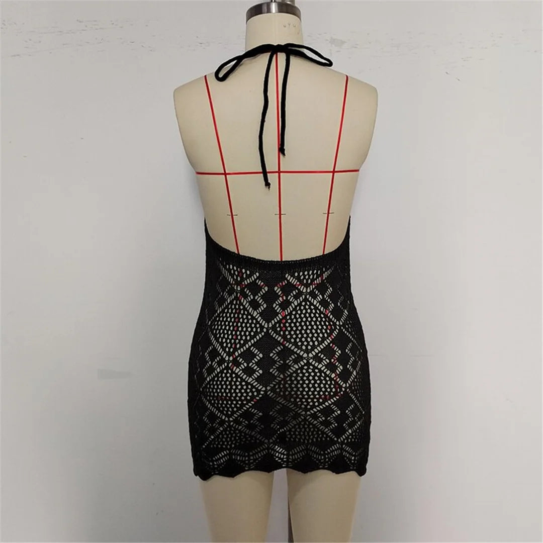 Hollow Out Halter Backless Crochet Knitted Tunic Beach Cover Up Cover-ups Beach Dress Beach Wear Beachwear Female Women V6511