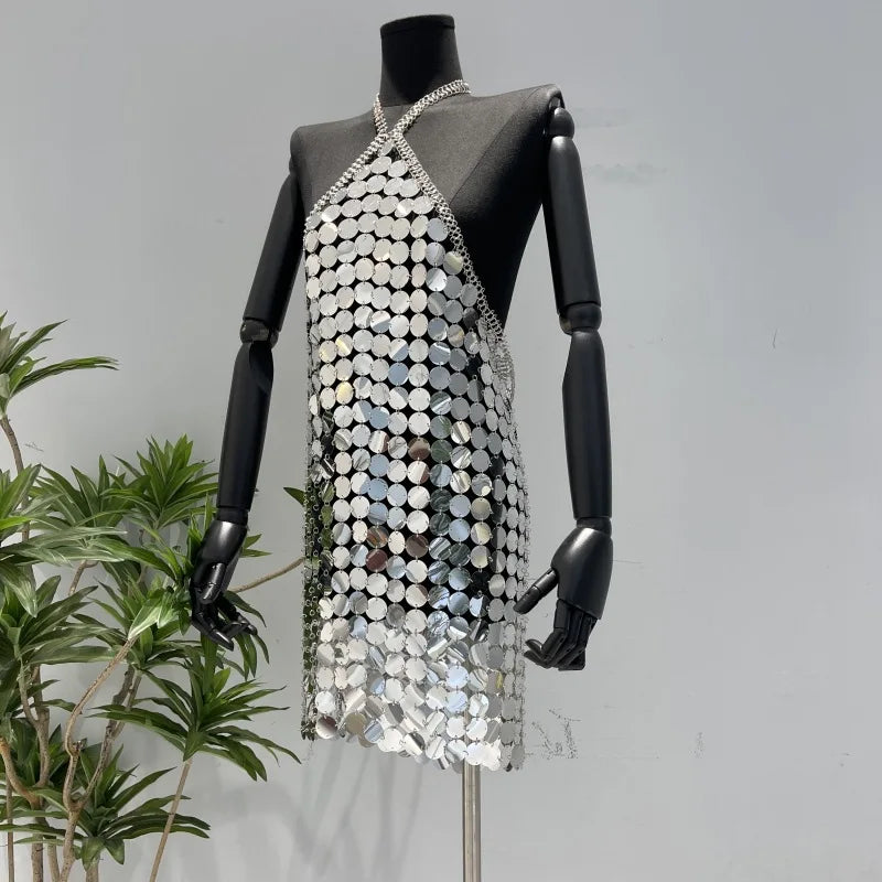 Female Silver Backless Halter Sequin Disc Chainmail Mini Cocktail Dresses Night Club Party Dress with metallic discs