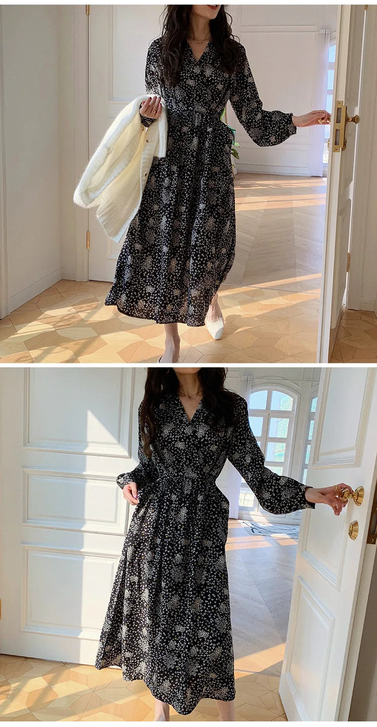 ARTKA 2023 Spring New Women Dress Elegant Loose Puff Sleeve Prints Dresses V-Neck High Waist A-Line Chiffon Long Dress A22LA055C