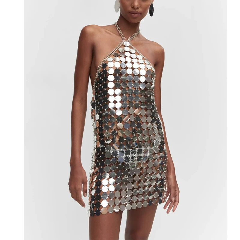 Female Silver Backless Halter Sequin Disc Chainmail Mini Cocktail Dresses Night Club Party Dress with metallic discs