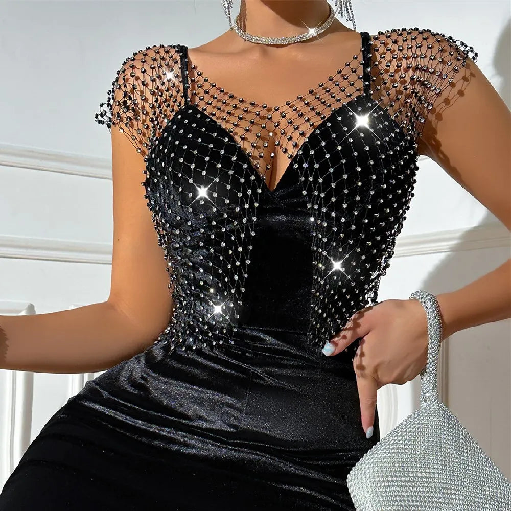 Sexy See Through Rhinestone Crop Top for Women 2023 Trendy Shiny Diamond Fishing net Tank Top Rave Night Club Outfits Short Top