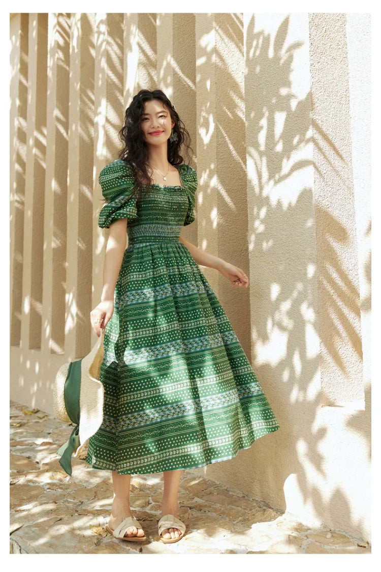 ARTKA 2023 Summer New Women Dress Vintage Print Green Square Collar Dresses Short Puff Sleeve A-line Long Dress Female LA92038X