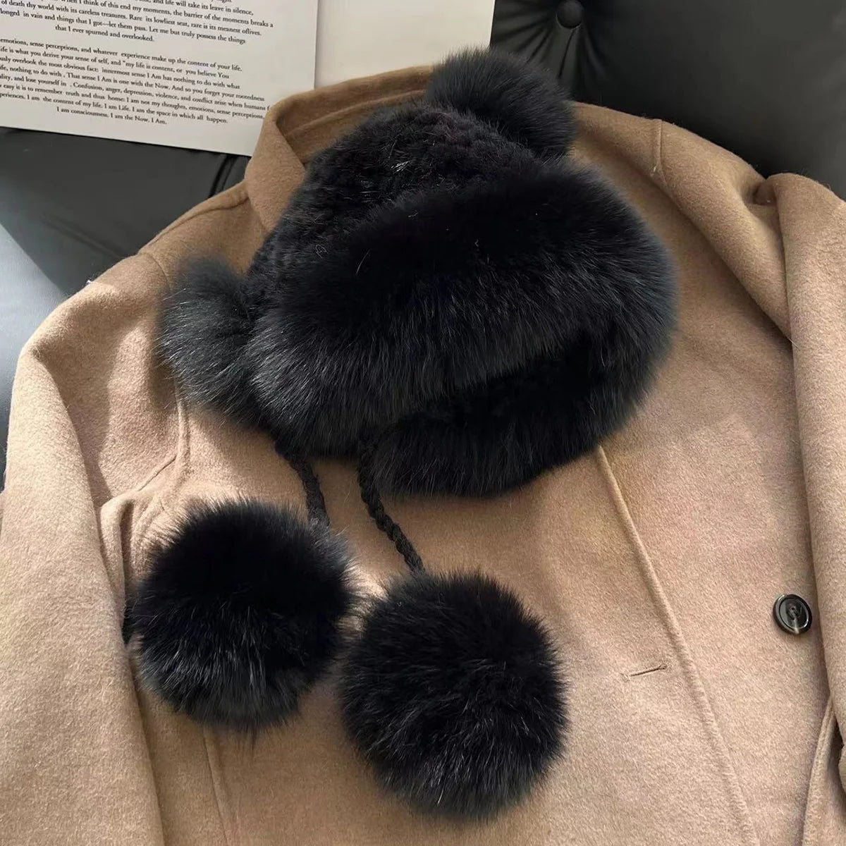 Real Mink Fur Hat For Women Winter Natural Fur Lei Feng Hat With Fox Fur Ball Thicked Ear Protection Hat Female Hand Knitted Hat