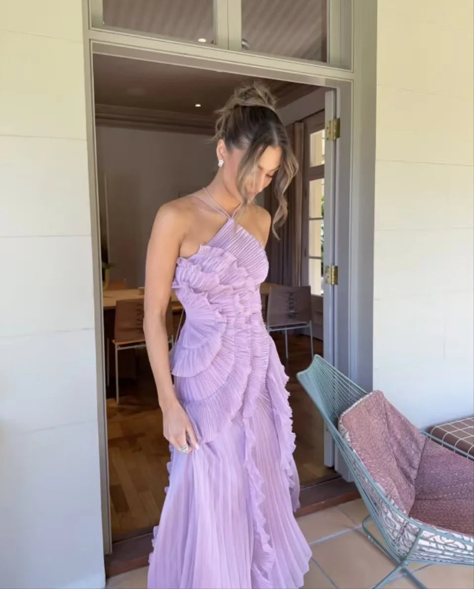 Purple Ruffle Irregular Maxi Dress for Women Sexy Halter Backless Party Dresses Summer Fashion Chiffon Holiday Fairy Dress 2025