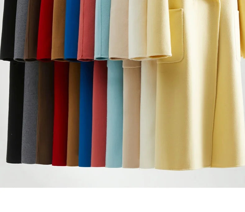 White Belt Double-sided Cashmere Coat Women's 2024 New Fashion Temperament Winter Slim Wool Coat Solid Female Long Windbreaker