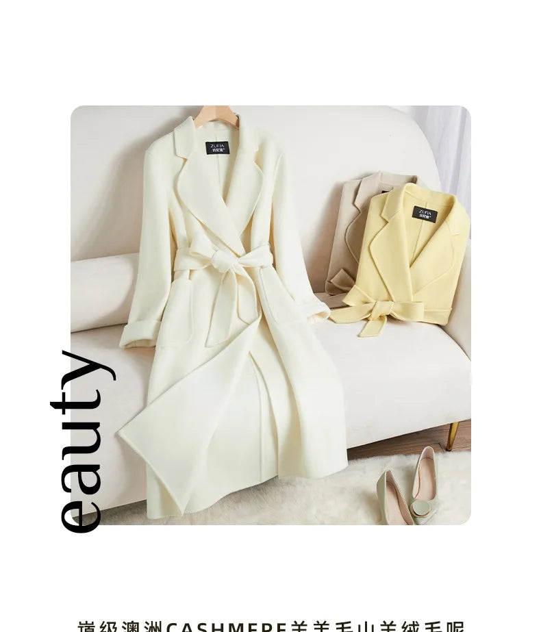 White Belt Double-sided Cashmere Coat Women's 2024 New Fashion Temperament Winter Slim Wool Coat Solid Female Long Windbreaker
