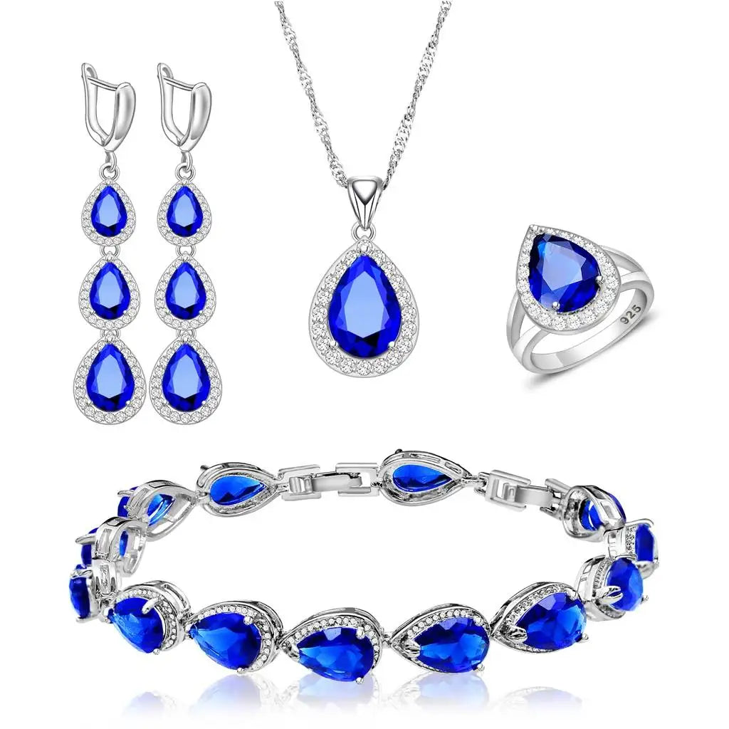 Wedding Bride Silver 925 Jewelry Sets Women White Topaz Long Earrings Bracelet Necklace Rings Luxury Fashion Set Dropshipping