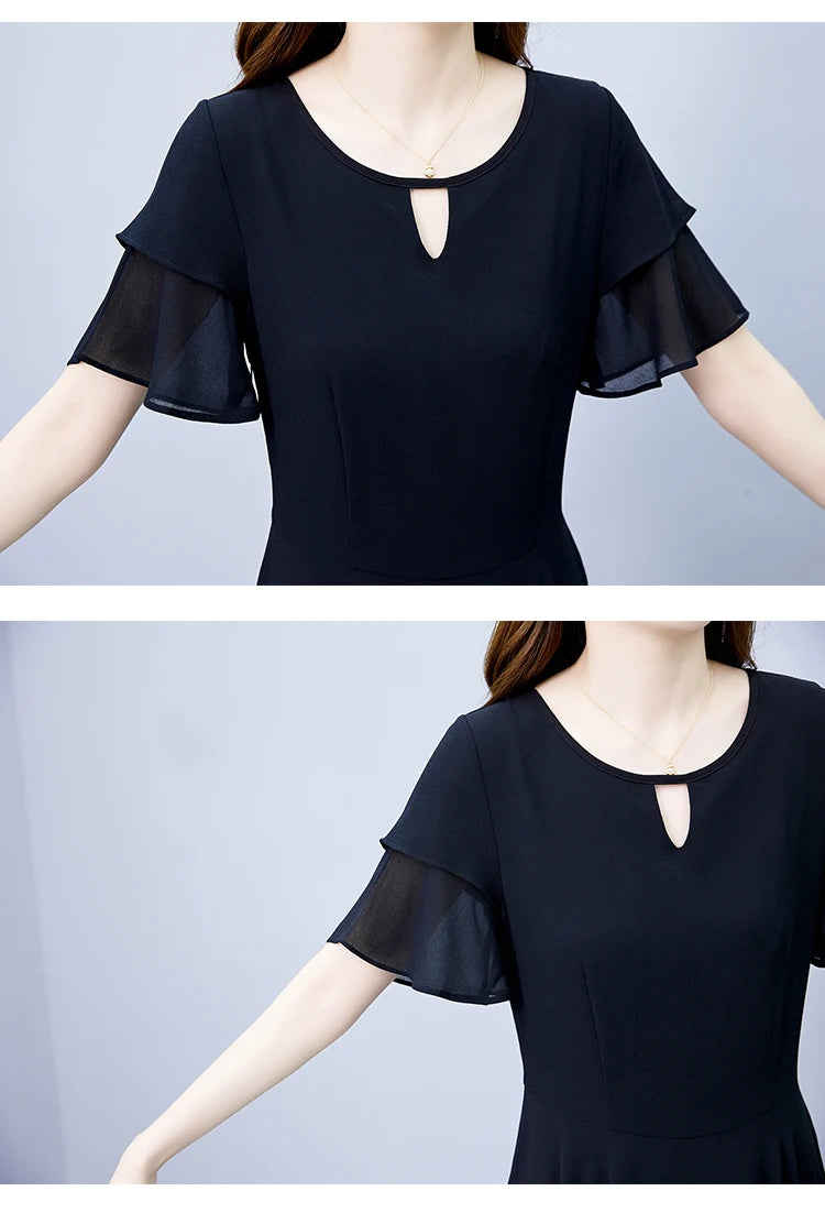 2024 Black Chic Ruffled Short Sleeve Midi Vestidos Women Vintage Hepburn Prom Long Robe Summer Solid Elegant Bodycon Party Dress