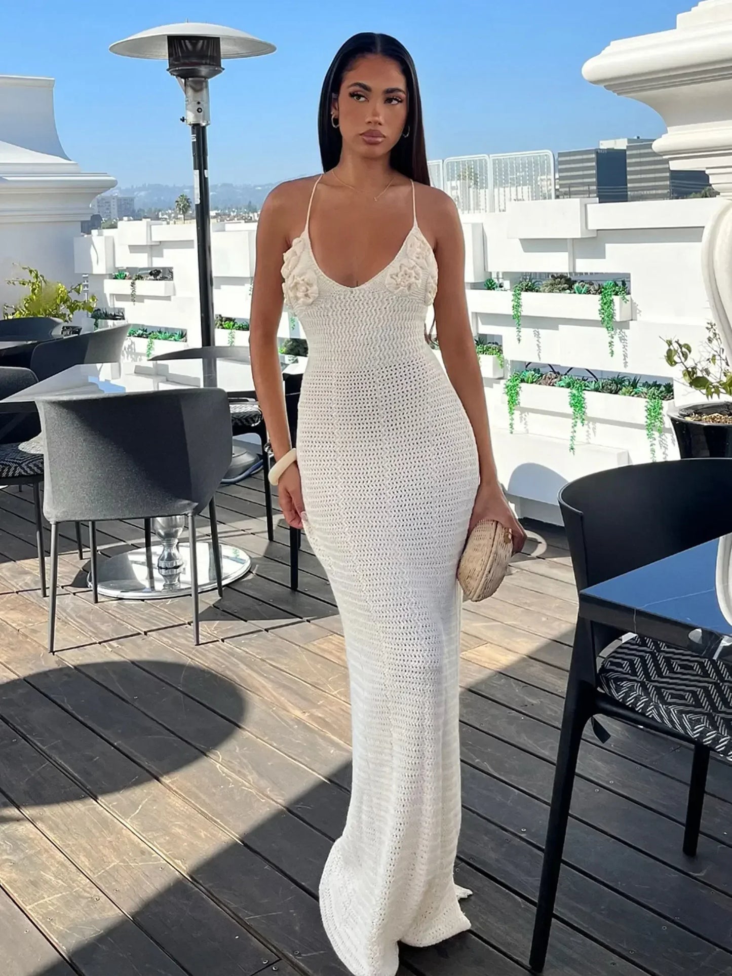 White Knit Cut Out Spaghetti Strap Flower Long Dress Sexy V Neck Bodycon Beach Maxi Dress 2025 Summer Women Holiday Outfit K79