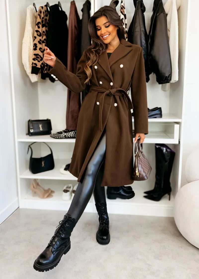 Women's Woolen Coat Autumn Winter Vintage Elegant Double Breasted Trench Coat Women Brown Long Sleeved Midi Windbreaker Jacket