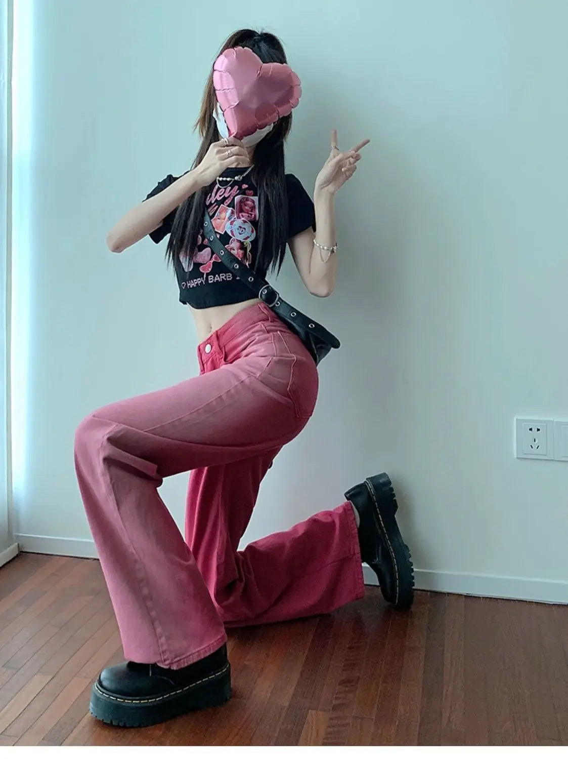 Vintage Streetwear Gradient Pink Jeans Women High Waist Straight Wide Leg Pants Straight Denim Female Trousers