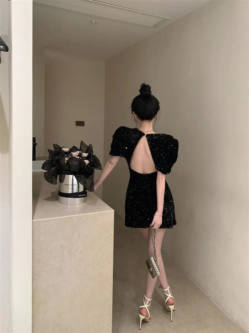 Korejpaa Sexy Dress Women Korean Style Backless Black Dresses Spring Summer Sequin Short Sleeve Slim Waist Vestidos Femme