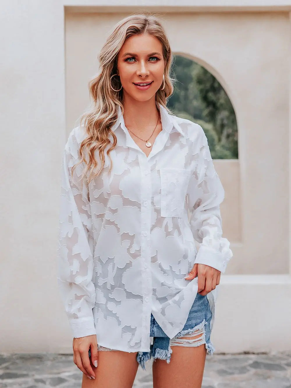 Elegant Long Sleeve Lapel Lace Blouse Office Lady Spring Summer Hollow Out Jacquard Loose Shirt Oversized Tops Luxury Chic Tunic