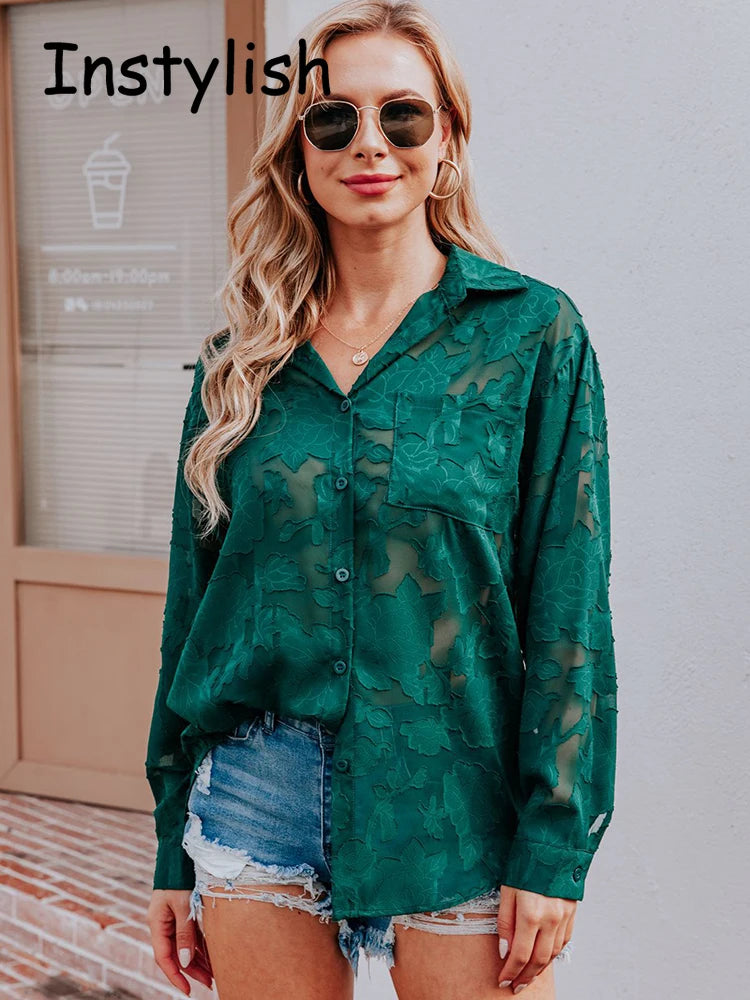 Elegant Long Sleeve Lapel Lace Blouse Office Lady Spring Summer Hollow Out Jacquard Loose Shirt Oversized Tops Luxury Chic Tunic