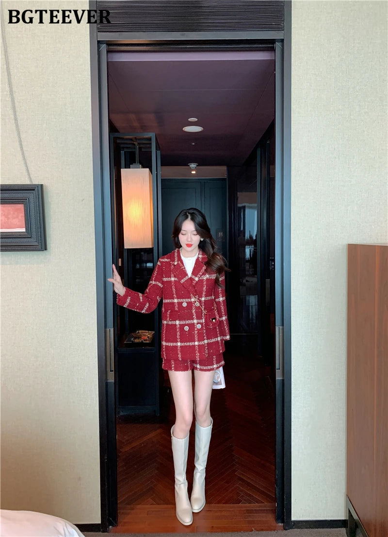 BGTEEVER Winter Thicken Warm Ladies Plaid Blazer Suits Long Sleeve Double Breasted Suit Jackets & Shorts Women 2 Pieces Set