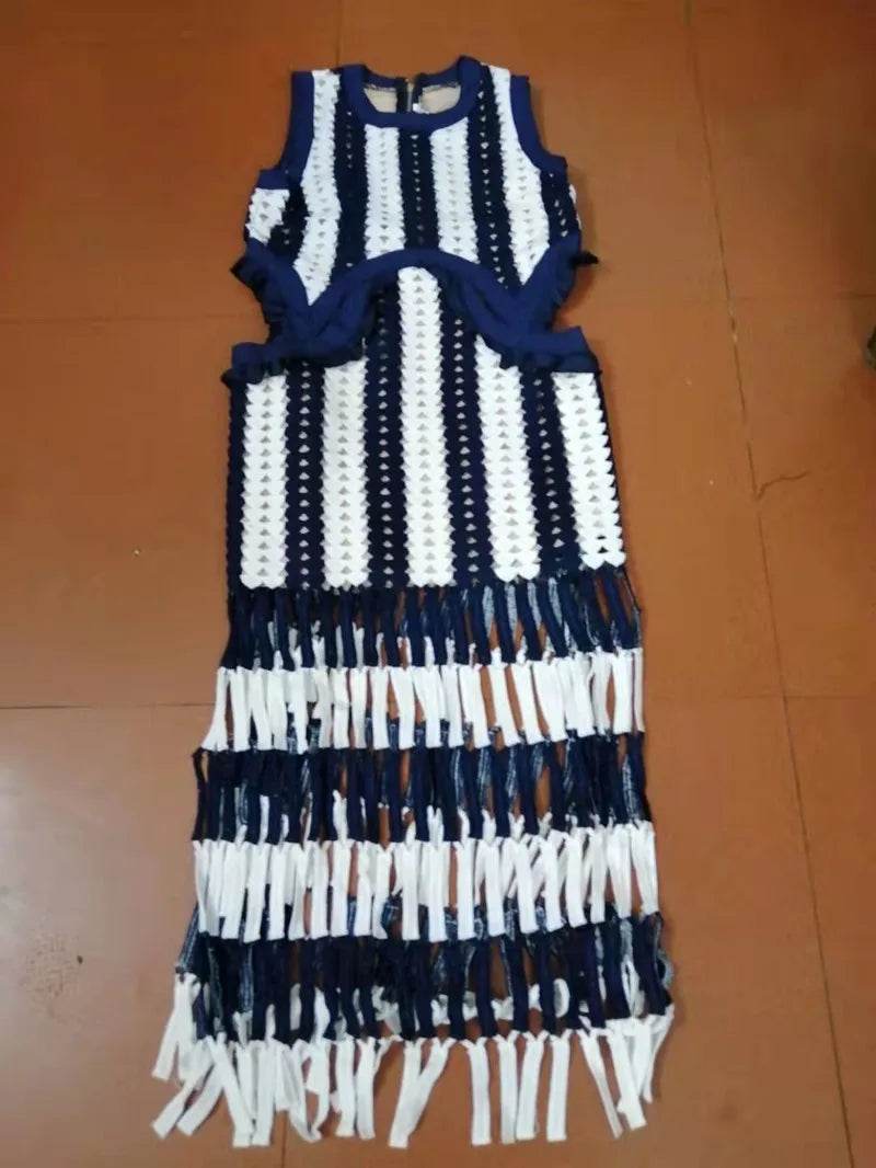 HANZANGL Women Dresses Knitted tank dress white blue patchwork striped tassel crochet casual beach Dress high quality