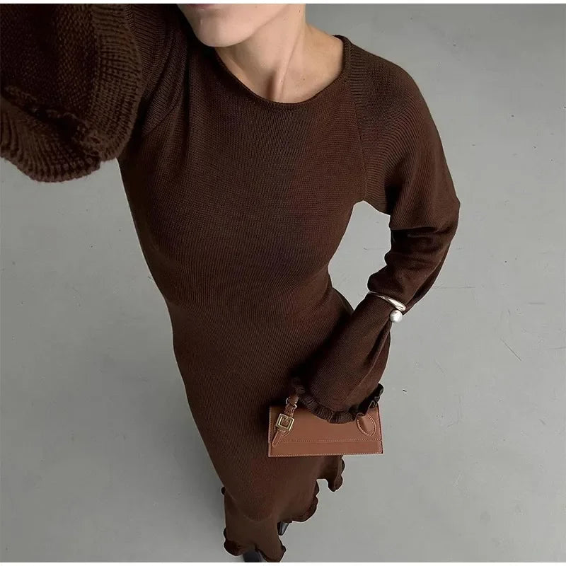 Elegant Roll Edge Party Dress For Women Long Sleeve O Neck Slim Flare Sleeve Long Robes 2025 New Lady High Street Evening Gown