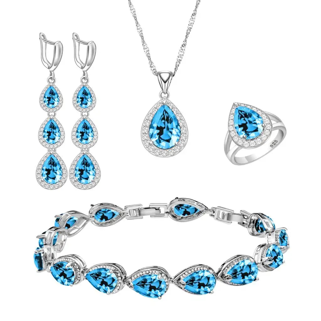 Wedding Bride Silver 925 Jewelry Sets Women White Topaz Long Earrings Bracelet Necklace Rings Luxury Fashion Set Dropshipping