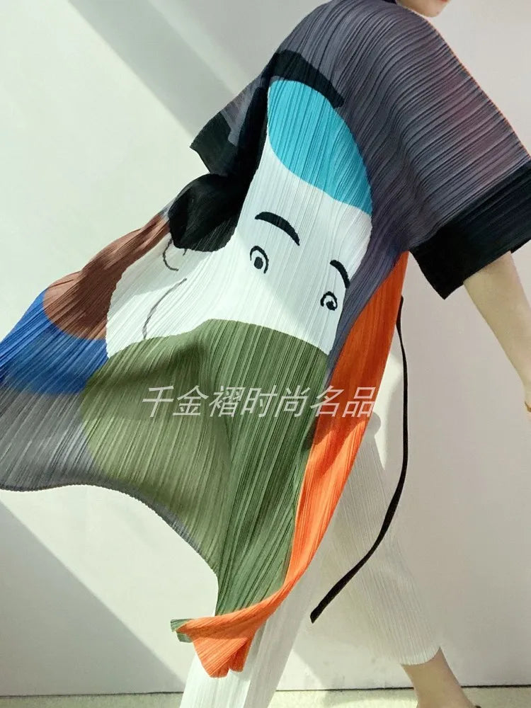 Women Printed Trench Miyake Pleated Fashion Printed Loose Plus Size Japan Style Belt Female Long Coats Tide