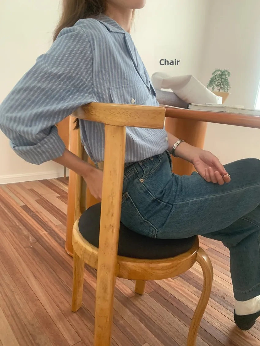 Chic Autumnal Vintage Loose Fit Long Sve Blue Striped irt Women's Faion Versatile Double ket Suit Collar Outfit