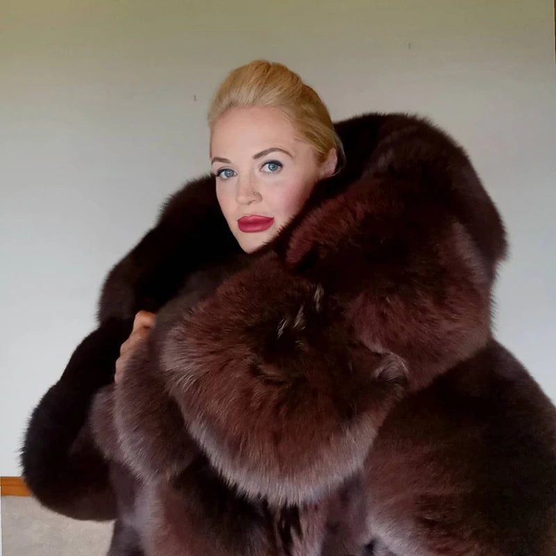 Genuine Full Pelt Fox Fur Jacket Women Winter Vintage Wine Red Hooded Straight Outertwear Luxury Real Fox Fur Coats Female