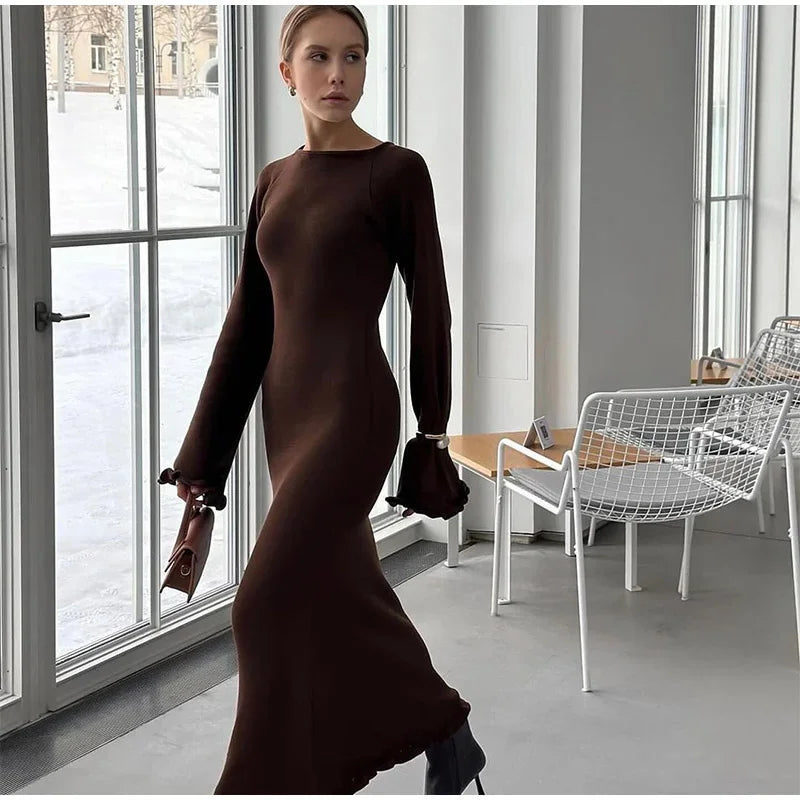 Elegant Roll Edge Party Dress For Women Long Sleeve O Neck Slim Flare Sleeve Long Robes 2025 New Lady High Street Evening Gown