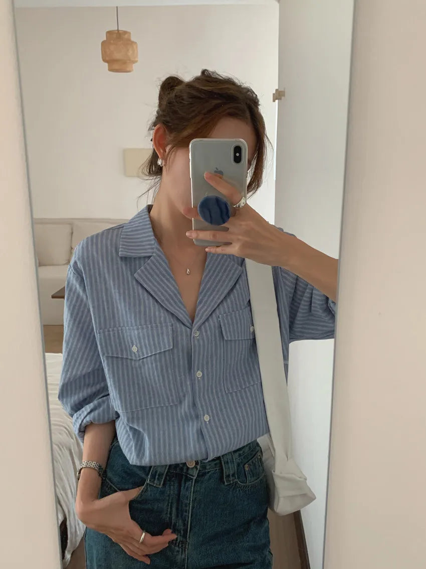 Chic Autumnal Vintage Loose Fit Long Sve Blue Striped irt Women's Faion Versatile Double ket Suit Collar Outfit