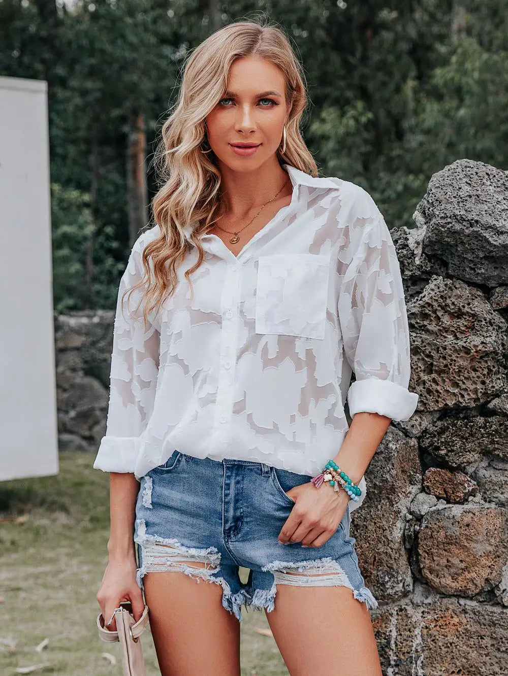 Elegant Long Sleeve Lapel Lace Blouse Office Lady Spring Summer Hollow Out Jacquard Loose Shirt Oversized Tops Luxury Chic Tunic