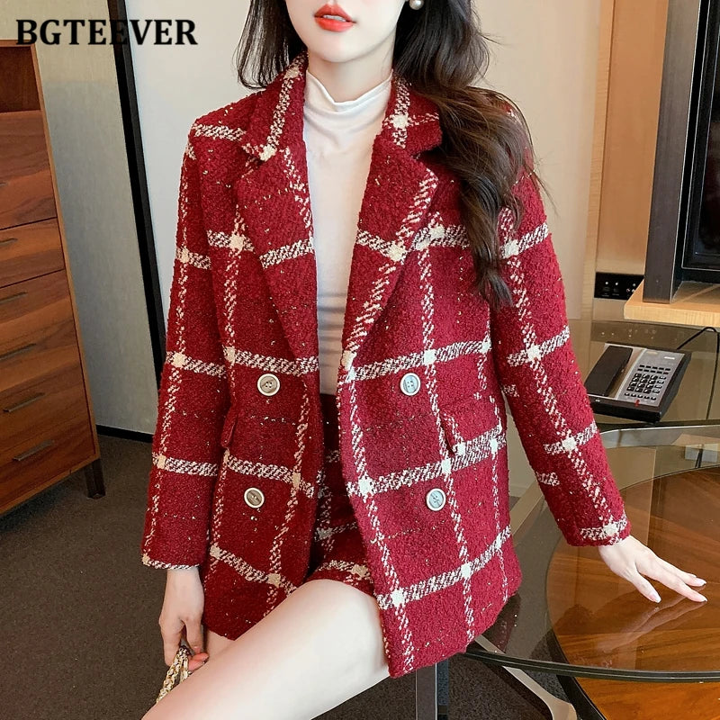 BGTEEVER Winter Thicken Warm Ladies Plaid Blazer Suits Long Sleeve Double Breasted Suit Jackets & Shorts Women 2 Pieces Set