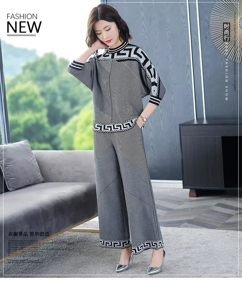 Two piece Women's Knitwear Casual Sets 2025 Spring Autumn New Loose Fashion Temperament Pullover Tops+Wide leg Pants Female