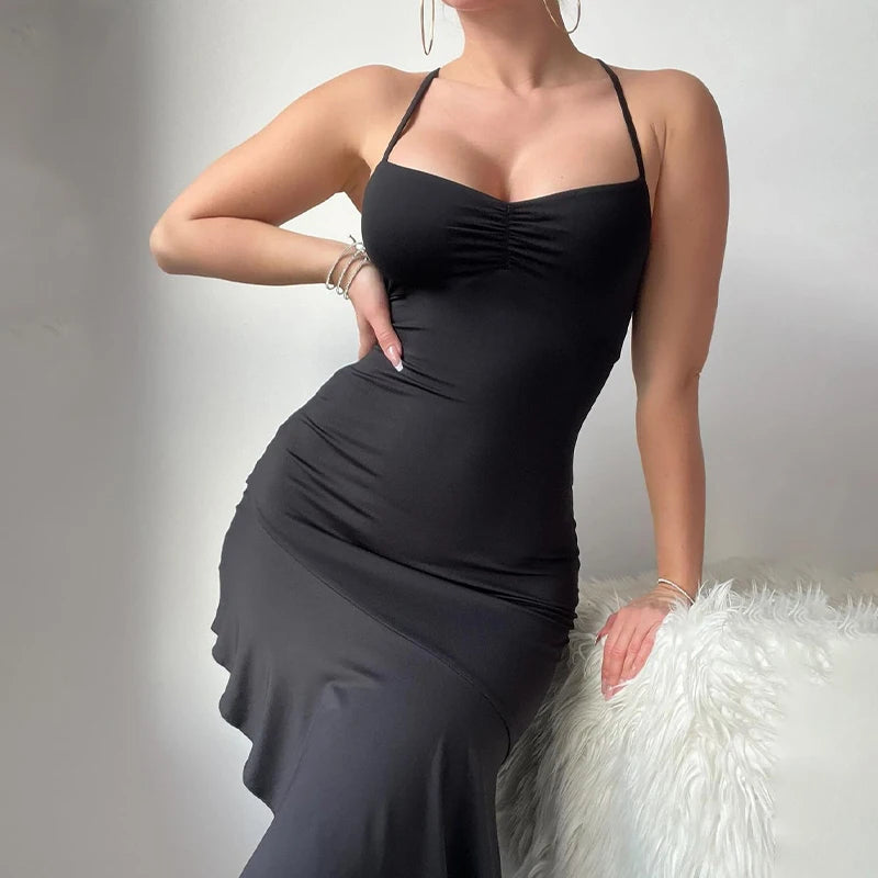 Hugcitar Square Collar Slips Backless Draped Lace Up Pleated Irregular Sexy Midi Dress 2024 Spring New Outfits Festival Party